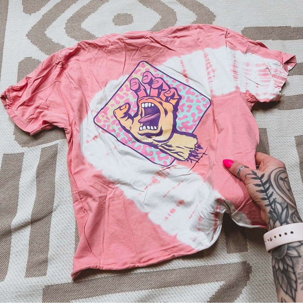 Santa Cruz Skate pink tie dye leopard hand graphic crop t shirt S